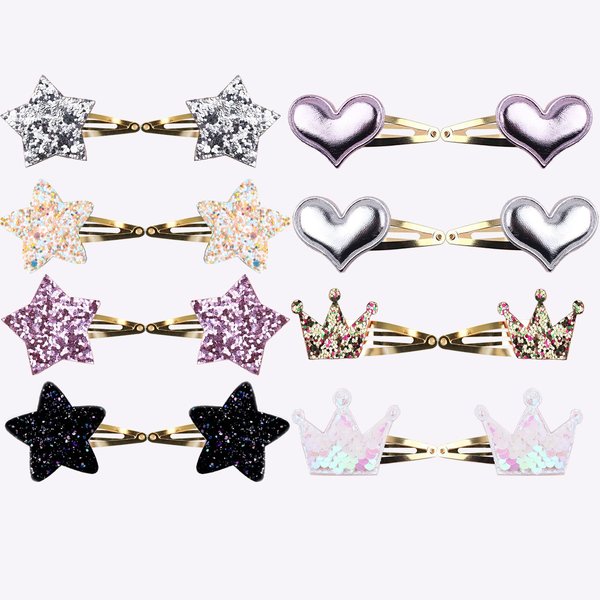 8 Pairs/16 Pack Hair Clips for Girls, Star/Crown/Heart Shaped Kids Hair Barrettes, Cute Hair Clips Metal Snap Hair Pins Sparkly Hair Styling Accessories for Girls Kids