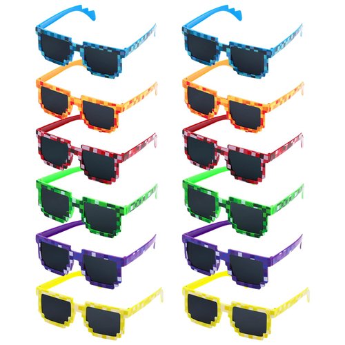 CCINEE 12Pack Pixel Sunglasses Assorted Color Miner Party Favors Pixel Glasses Retro Gamer Sunglasses Pixelated Eyewear for Kids Adults Boys Girls Birthday Party Supplies