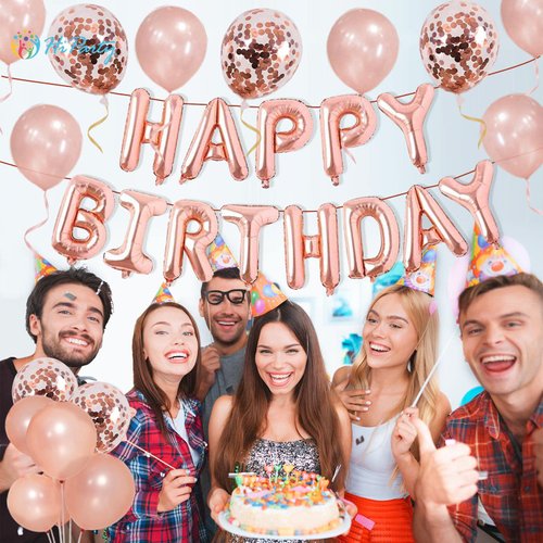 30pcs Pink Rose Gold Birthday Decorations, 3D Mylar Foil Happy Birthday Banner and Confetti Latex Balloons, Ecofriendly Party Decorations Supplies for kids Girls Women Birthday Party Favors