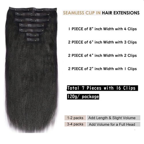 Light Yaki Straight Human Hair Extensions PU Clip in Hair Extensions Natural Black 14 Inch 120g Kinky Straight Natural Remy Seamless Clip ins Human Hair Extensions