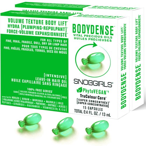 SNOBGIRLS BODYDENSE Salon Vegan Hair Oil. Plumping & Hydrating Hair Serum with Argan Oil, Hyaluronic Acid, Moringa Oil & Vitamins for Fine hair, Dry or Limp Hair (30 Hair Oil Capsules)