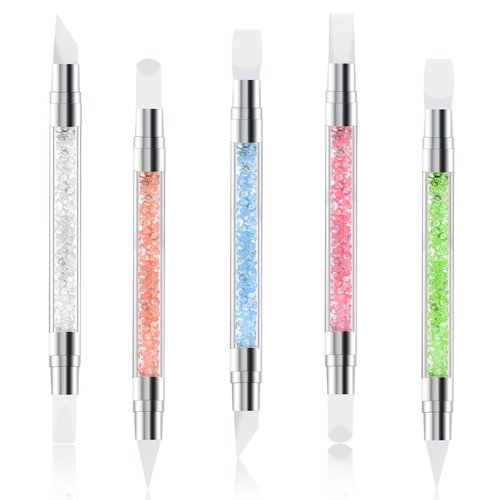 5 PCS Silicone Nail Art Acrylic Pen Brushes Set Dual Tipped Rhinestone Nail Polish Carving Pen Silicone Head Acrylic Handle Nail Art Brushes Silicone Nail Tools for Home Salon