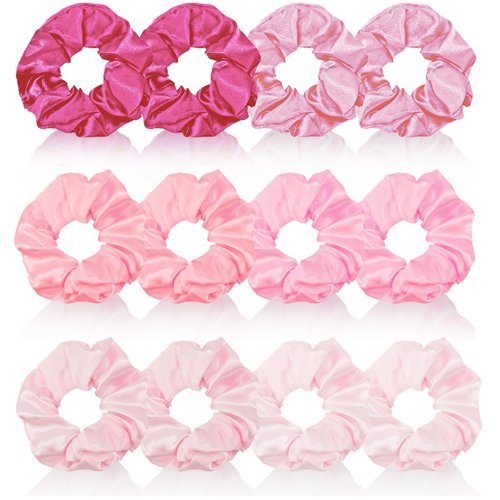 Aprince 12 Pieces Pink Satin Scrunchies for Girls Women Hair Ties Ponytail Holder Hair Scrunchies Cute Hair Accessories for Party Valentine's Day