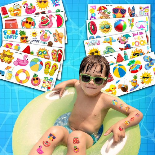 100PCS Colorful Summer Pool Beach Temporary Tattoos Stickers Themed Splish Splash Birthday Party Favors Decorations Supplies Tattoo Sticker Gifts For Boys Girls School Prizes Carnival Christmas