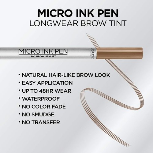 L'Oreal Paris Micro Ink Pen by Brow Stylist, Longwear Brow Tint, Hair-Like Effect, Up to 48HR Wear, Precision Comb Tip, Dark Blonde, 0.033 fl; oz.