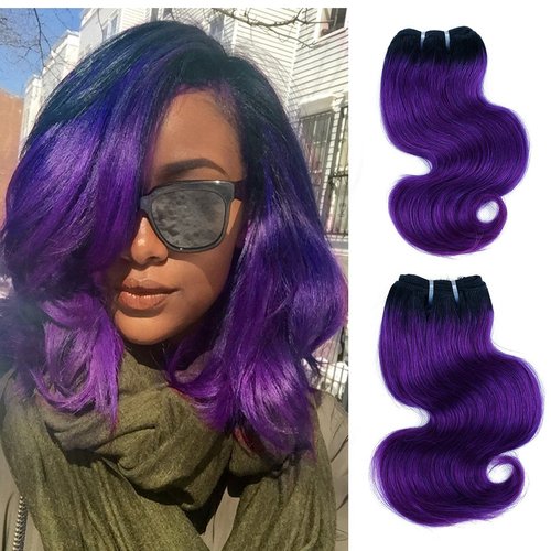FASHION LINE 8" Human Hair Bundles Ombre Two Tone Brazilian Virgin Hair Extensions Body Wave 50g Bundles (8/8/8/8 Inch, 1b/purple)