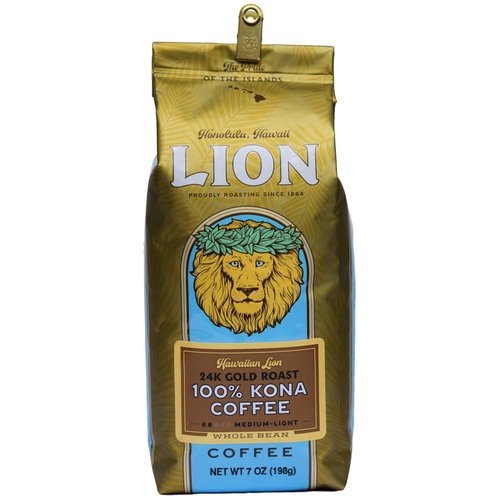 Lion Coffee 24K Gold Roast 100% Kona Whole Bean Coffee, Medium-Light Roast, A Taste of Aloha - 7 Ounce Bag