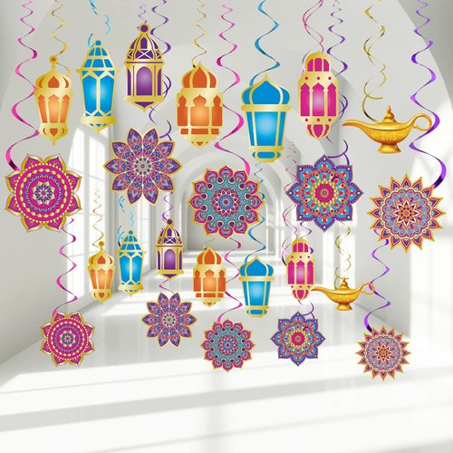 52 Pcs Ramadan Mubarak Decorations Arabian Nights Party Decoration Eid Mubarak Hanging Swirls Ceiling Foil Party Decoration for Indian Moroccan Princess Birthday Supplies