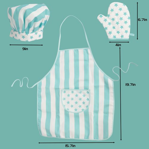 WoodenEdu Kid Apron and Chef Hat Set, 3 Pcs Children Cooking Baking Set Kits Role Play Chef Toy Kid Cooking Gift for Girls Boys (Blue)