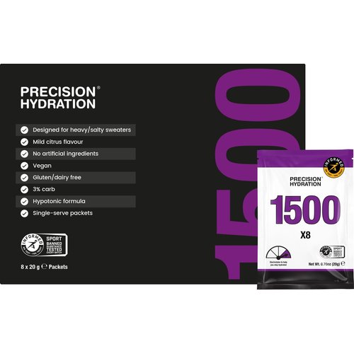 Precision Hydration Electrolyte Drink Mix- No artificial ingredients, Multi Strength Electrolyte Powders - Combats Cramp - Gluten Free, Hypotonic (1 Box (8 Packets), 1500mg/l - Purple Packet)