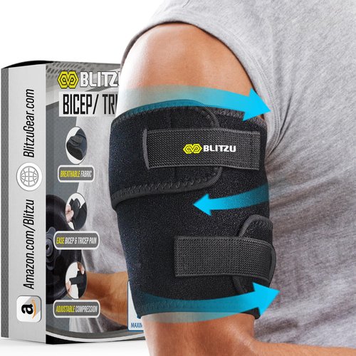 BLITZU Bicep & Tricep Tendonitis Brace Compression Sleeve. Upper Arm Brace Wrap Support Tendon Band for Pain Relief, Muscle Strains Recovery & Inflammation for Men & Women. Black L-XL
