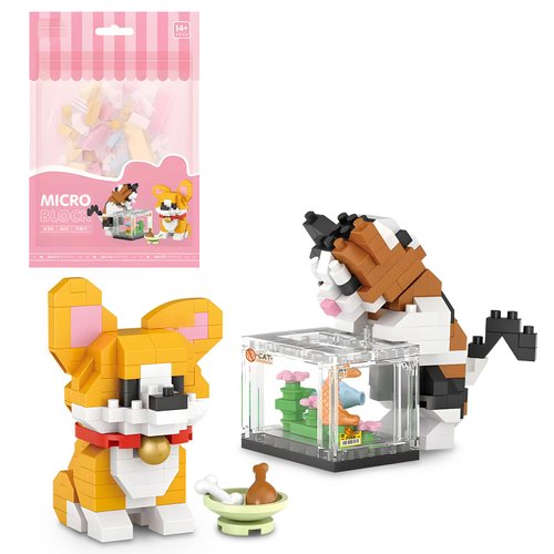 Finger Rock Creator 2 in 1 Animals Mini Building Set, 360PCS Cute Corgi Dog Cat Micro Bricks Building Kit, Party Favors for Kids Adults Boys Girls 8+