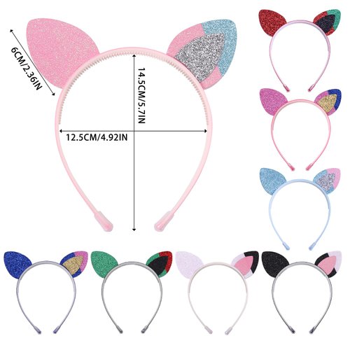 Fishdown Rainbow Cat Ears Headband, 8 Pack Glitter Cat Ears for Kids Girls, Daily Wearing and Party Decorations