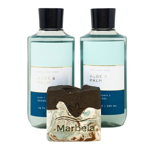 Bath & Body Works Men's Collection Aloe & Palm 2 Pack Shower Gel Gift Set with a Cabin Spice Bar Soap - Full Size