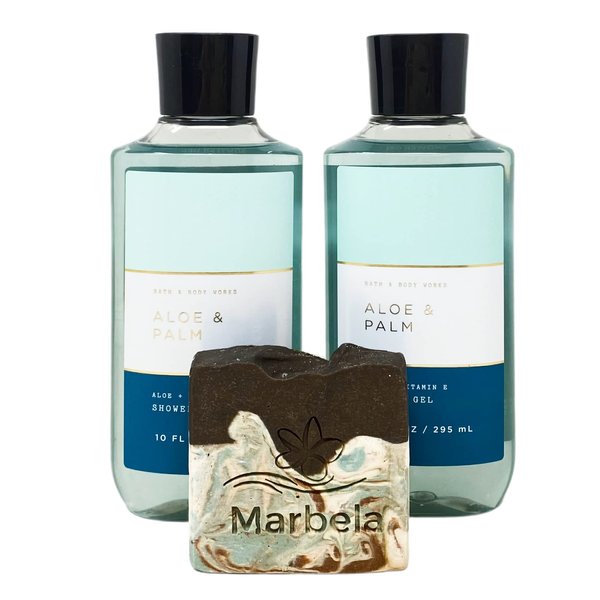 Bath & Body Works Men's Collection Aloe & Palm 2 Pack Shower Gel Gift Set with a Cabin Spice Bar Soap - Full Size