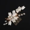 BERYUAN Wedding Gold Leaf Flower Hair Comb Pearls Flower Hair Side Comb White Flowers Leaf Wedding Headpiece Gold Wedding Headpiece Vintage Wedding Hair Comb for Brides Bridesmaid