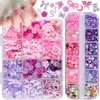 editTime Mixed Style Fashion 3D Nail Art Charms Kit Resin Camellia Rose Flower Butterfly Bow Moon Heart Bear Snake Hollow Pearl with Rhinestones and Soft Slice (Pink Purple)