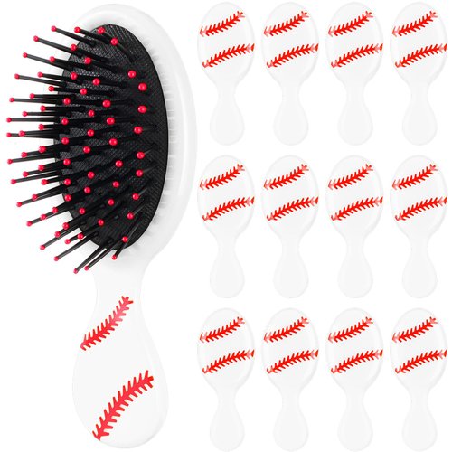 SiliFine 12 Pcs Baseball Sport Mini Travel Hair Brush, Baseball Mini Detangler Brush, Small Hair Brush, Baseball Bristles Plastic Detangling Brush for Baseball Team Gift Sport Party, White