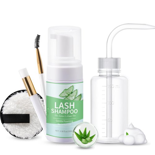 Vznffur 100ml Lash Shampoo for Extensions, Eyelash Extension Cleanser, Lash Cleanser, Lash Bath, Lash Cleaning Kit with Rinse Bottle+Brush+Pad for Self Use