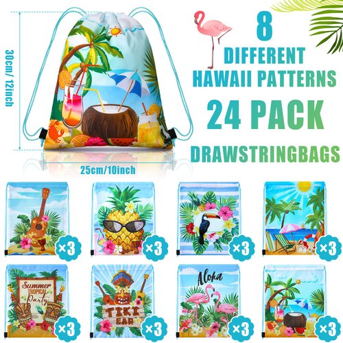 24 Pcs Hawaiian Party Favor Bags for Kids Hawaii Themed Aloha Drawstring Bags Tropical Goodie Bags Flamingo Gift Bag for Birthday, Bridal Shower, Summer, Beach, Pool Backpack, 12 x 10 Inch