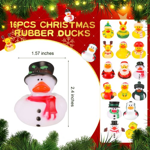Hanaive 16 Pcs Assorted Christmas Rubber Ducks Bulk with Different Designs Mini Rubber Ducks Bath Toys Xmas Themed Novelty Duck for Party Supplies Gifts Birthday Baby Shower Pool Party (Classic)
