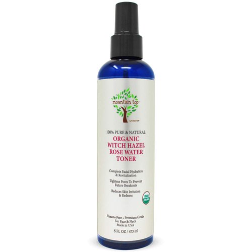 MOUNTAIN TOP Witch Hazel Rose Water Toner (8oz) - USDA Organic - Clears Pores & Hydrates Skin - Infused with Witch Hazel, Rose Water, Glycerin, Mint Water - For Complete Facial Revitalization