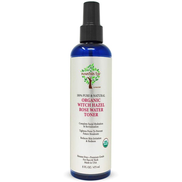 MOUNTAIN TOP Witch Hazel Rose Water Toner (8oz) - USDA Organic - Clears Pores & Hydrates Skin - Infused with Witch Hazel, Rose Water, Glycerin, Mint Water - For Complete Facial Revitalization