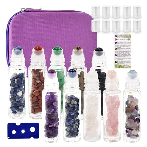 fengshuisale Essential Oil Roller Bottle EVA Carrying Travel Case and 10pcs Essential Oil Gemstone Roller Ball Bottles Glass Inside 10ml Healing Crystal Chips W3475