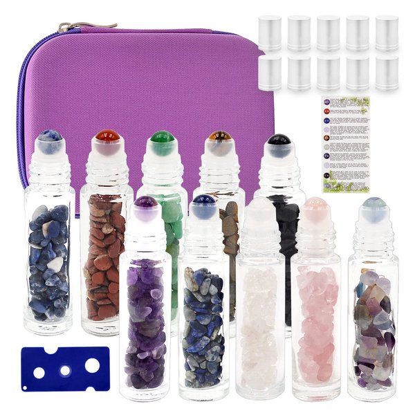 fengshuisale Essential Oil Roller Bottle EVA Carrying Travel Case and 10pcs Essential Oil Gemstone Roller Ball Bottles Glass Inside 10ml Healing Crystal Chips W3475