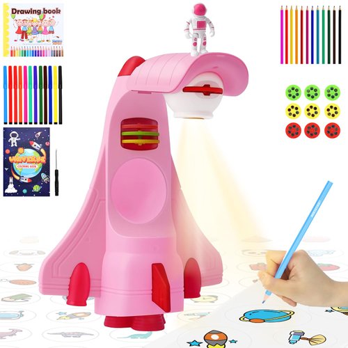 CWYQ Kids Drawing Projector Toys for Boys Girls Ages 3-8 Art Sketch Projector Tracing Drawing Kit with Space Rocket Ship Toys for 3 4 5 6 7 8 Year Old Kids Gifts