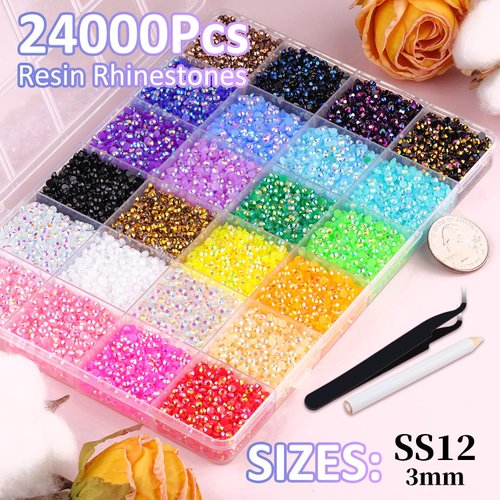 24000Pcs Resin Jelly Rhinestones with Tweezers for Crafting, Mixed-Color 3mm Flatback Gems, Bedazzling Crystal with 3Pcs 10ml B7000 Jewelry Glue for DIY Crafts Clothing Tumblers Shoes Nail Art