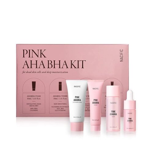Nacific Pink AHA BHA Kit (Cleansing Foam, Toner, Serum, Cream) Travel Size Skin Care Set