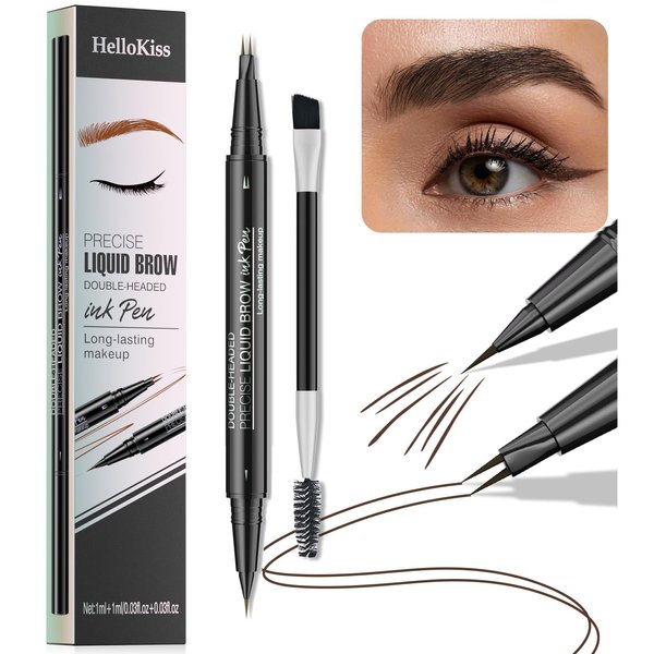 NAISSIYA Microblading Eyebrow Pencil, 2-Tip Double-Ended Eyebrow Pen with Eyebrow Brush, Waterproof and Sweat Proof, Create Natural Hair-Like Brows for Women Stay on All Day(Dark Brown)