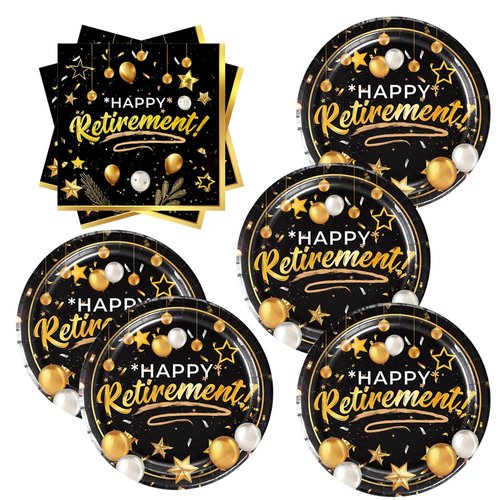 40pcs retirement Party Supplies,include Black and gold 20 Plates, 20 Napkin,Used for retirement Party Decoration (retirement（AAA）)