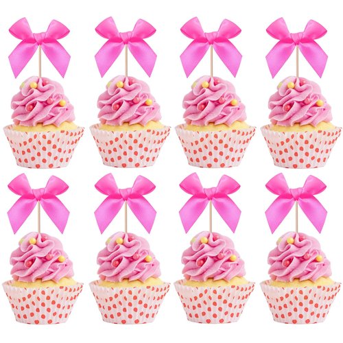 Bow Cupcake Toppers, Ribbon Bow Cake Topper for Baby Shower Cake Decor Girls Bow Coquette Themed Birthday Party Decorations (Rose Red)