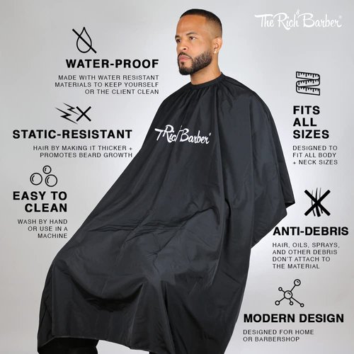 The Rich Barber 360 Barber Cape - Lightweight Professional Hair Cutting Apron - Water Resistant Cloth Haircut Gown - Universal Fit For All Neck Sizes (Black)