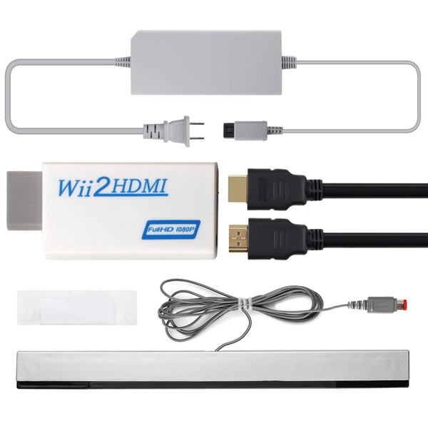 4 in 1 Wii to HDMI Adapter + Wii Power Cord AC Adapter + Wii Sensor Bar Wired Motion Sensor Bar + 5ft High Speed HDMI Cable Compatible with Nintendo Wii (Not for Wii U)