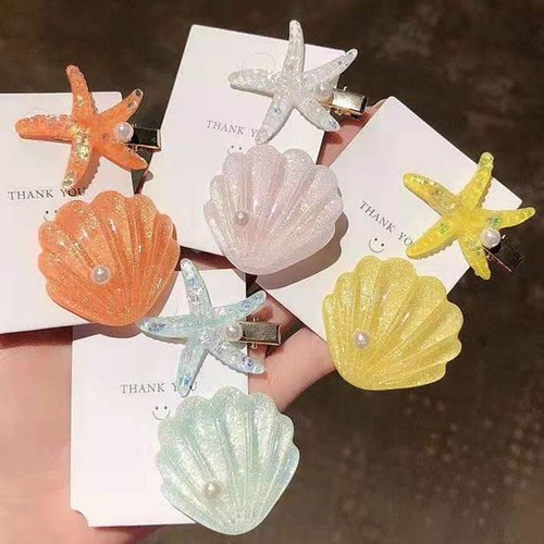 Ulfanit Seashell Starfish Hair Clips for Girls - 8pcs Princess Mermaid Colored Hair Pin Hair Clip, Sparkly Pink Orange Yellow Blue Hairpin Women Cosplay Birthday Gift Hair Accessories