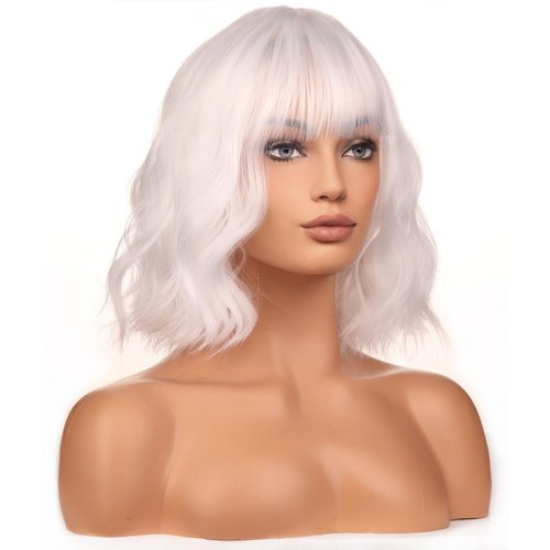 BERON Womens White Wigs Short Curly Girls Hair Wig With Bangs 12" Heat Resistant Synthetic Wigs for Daily or Cosplay Used with Wig Cap