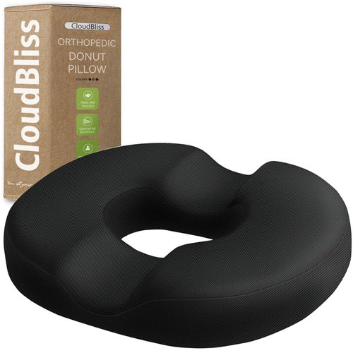 CloudBliss Donut Pillow Seat Cushion for Tailbone Pain Relief and Hemorrhoids, Memory Foam Seat Chair Cushion for Postpartum Pregnancy, Seat Cushions for Men and Women for Home & Office, (Black)