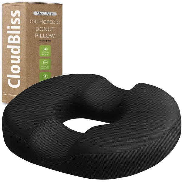 CloudBliss Donut Pillow Seat Cushion for Tailbone Pain Relief and Hemorrhoids, Memory Foam Seat Chair Cushion for Postpartum Pregnancy, Seat Cushions for Men and Women for Home & Office, (Black)