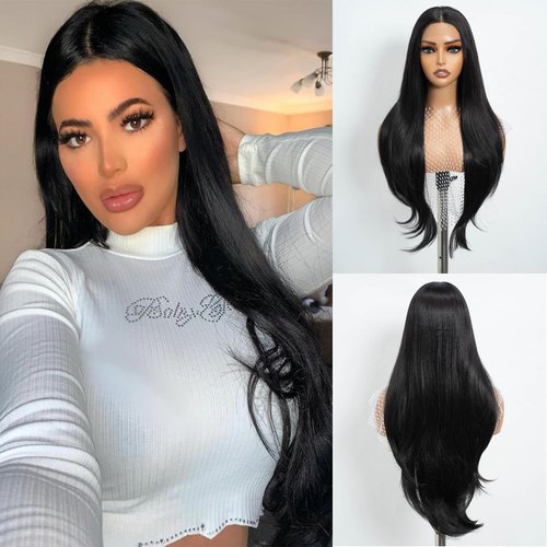 REBECCA STYLE Long Black Straight Wigs 30 Inch Synthetic Lace Front Wig for Women Pre Cut HD Lace...