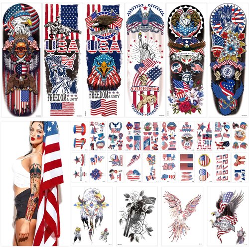 JUNEBRUSHS 30 Sheets 4th of July Temporary Tattoos, American Independence Day Men Women Temporary Tattoo Sleeve Patriotic Tattoos for Memorial Day, Independence Day, Labor Day