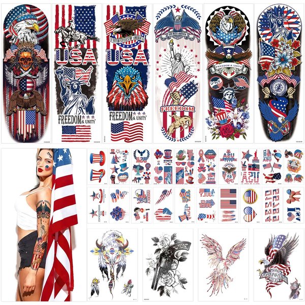 JUNEBRUSHS 30 Sheets 4th of July Temporary Tattoos, American Independence Day Men Women Temporary Tattoo Sleeve Patriotic Tattoos for Memorial Day, Independence Day, Labor Day