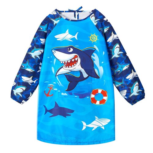 WERNNSAI Art Smocks for Kids - Shark Toddler Smock for Painting Boys Art Smock Kids Artist Apron Smock Waterproof for Kids Painting Apron with Long Sleeve Pocket Toddler Blue Craft Art Apron Age 4-8