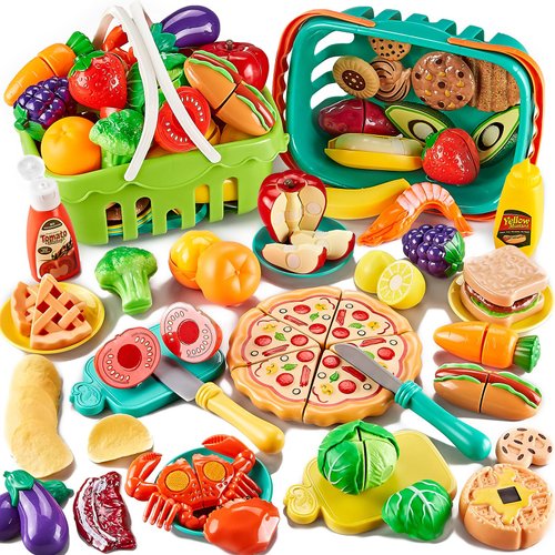 85Pcs Pretend Play Food Sets for Kids Kitchen, Cutting Toy Food with 2 Baskets, Play Kitchen Accessories for Toddlers, Fake Food with Pizza&Veggies&Fruits&Dessert, Kids Kitchen Toys, Boys Girls Gift.