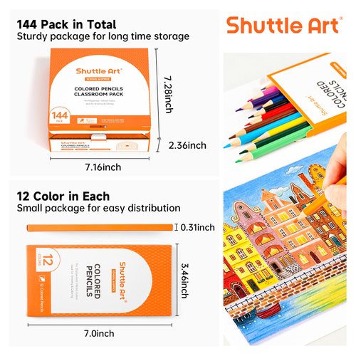 Shuttle Art 144 PCS Colored Pencils Bulk, 12 Assorted Colors, Pack of 12, Break-resistant, Pre-sharpened Colored Pencils for Kids, Bulk Pack School Supplies for Teachers & Students