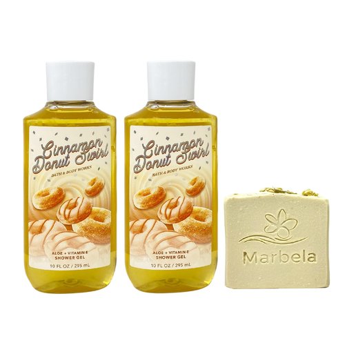 Bath & Body Works Cinnamon Donut Swirl 2 Piece Shower Gel Value Pack with a Wild Jasmine Bar Soap - Full Size
