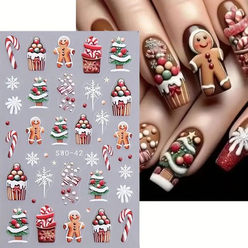 Christmas Nail Stickers for Nail Art, Santa Claus Tree Christmas Nail Art Stickers 4PCS 5D Embossed Snowflake Gingerbread Man Penguin Cake Xmas Nail Decals Manicure Supplies for Nail Art Decorations ﻿