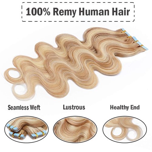Hairro Remy Tape in Hair Extensions 16 Inch 20pcs 50g Wavy Human Hair Highlight Body Wave Hair Seamless Skin Weft Glue in Human Hairpieces 2 Tones Balayage #18/613 Ash Blonde Mix Bleach Blonde